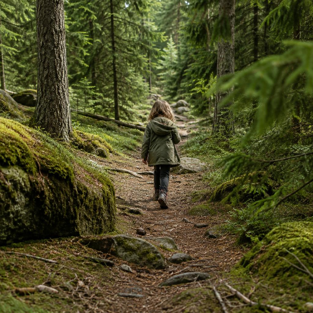 Barn på stig i grön skog, redigerad med Skogsbad-presetet
